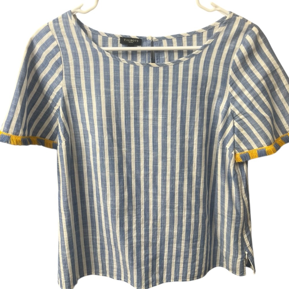 Talbots Petites Blue White Stripe Cotton Top with Yellow Trim – Size SP - Picture 8 of 8